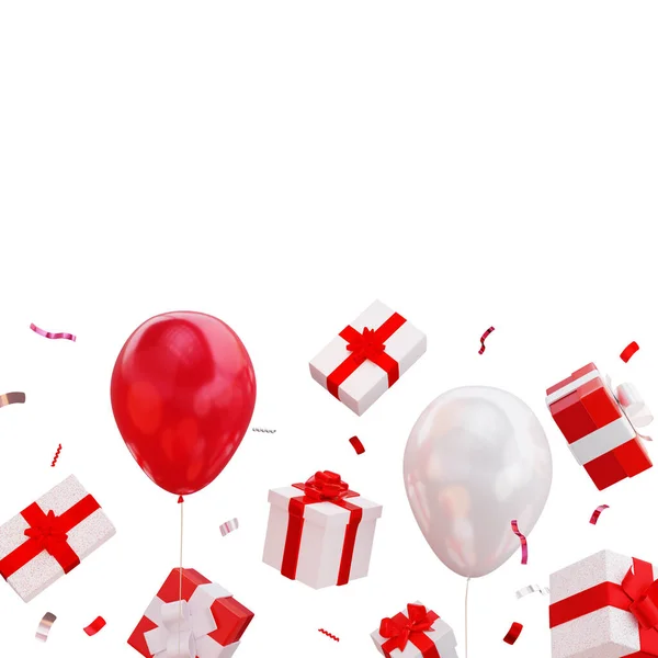 3D composition of different types of gifts falling down, flying balloons, and scattered confetti on a white background, 3D rendering