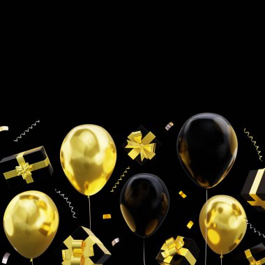 Uçan balonların birleşimi, hediyeler, siyah arka planda konfeti. Kara Cuma konsepti. 3B görüntüleme