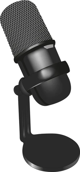 Realistic black metal studio microphone for streaming, video blogging, audio recording, vocals, soundtrack, podcasts, computer games. Round base, metal mesh.