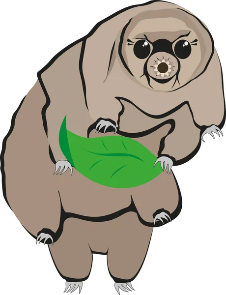 A cute cartoon tardigrade (water bear) isolated on a white background, incredible animal animal from the micro world, with a green leaf in its paw, happy and smiling