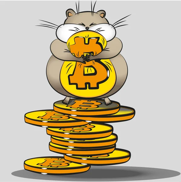 Funny cute drawn cartoon hamster holding a bitcoin in its paws, standing on a stack of coins and screwing up his eyes