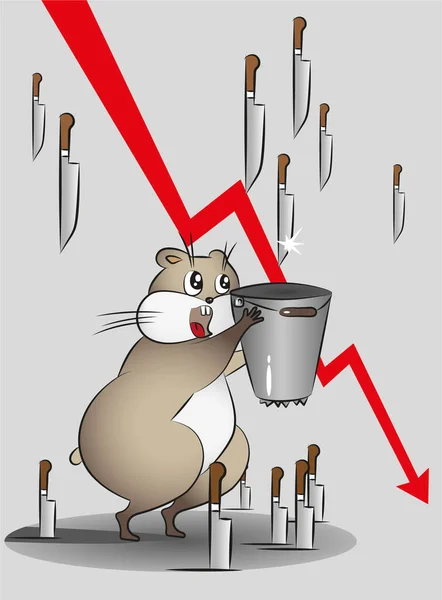 Cute cartoon hamster catches falling knives with a broken bucket in front of a red falling trend line