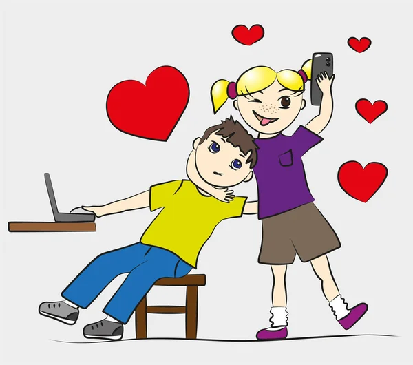 Funny and mischievous cartoon girl hugs boyfriend's neck and takes a selfie, love picture, cute characters, hearts, mi-mi-mi