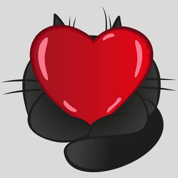   A big fat black cartoon cat holds a big red heart in its paws, hiding behind it, ears sticking out above the heart