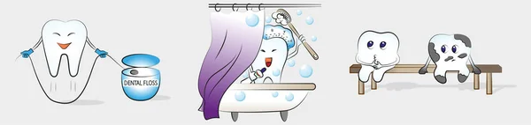 Dental care, cute and funny cartoon teeth in different situations, illustration for children