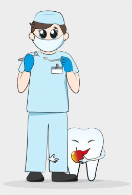 A cute cartoon dentist with big kind eyes stands with dental instruments in his hands, and next to him stands a joyful tooth, hugging his leg and holding a beautiful red apple in his hand