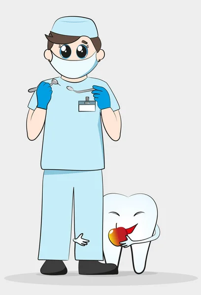 A cute cartoon dentist with big kind eyes stands with dental instruments in his hands, and next to him stands a joyful tooth, hugging his leg and holding a beautiful red apple in his hand