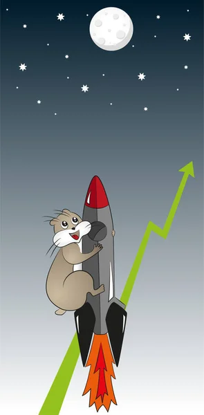 The cute and funny cartoon hamster flying on a rocket to the moon against the background of the green uptrend