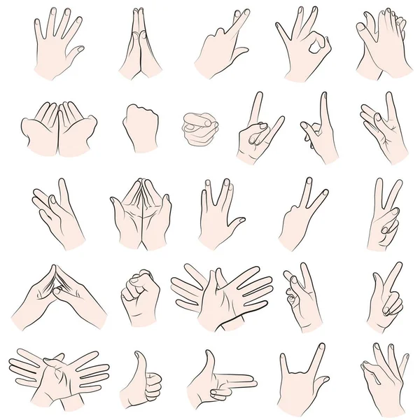 Beyaz bir arkaplanda izole edilmiş çeşitli el hareketlerinin, hareketlerinin vektör çizimi,