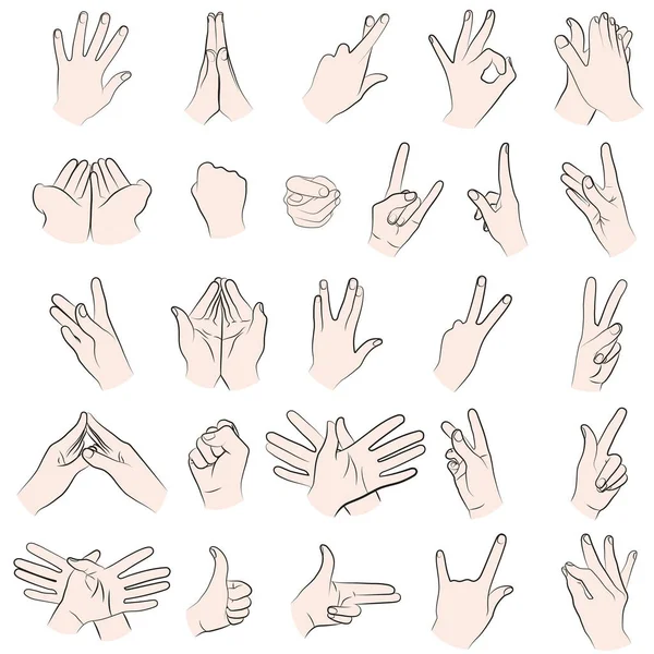 Beyaz bir arkaplanda izole edilmiş çeşitli el hareketlerinin, hareketlerinin vektör çizimi,