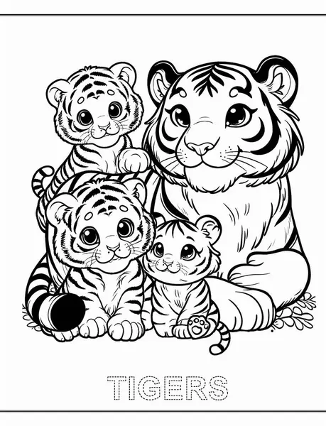 Bir kaplan ve yavrularının yer aldığı bir çocuk boyama sayfası, boyama ve el yazısı pratiği için bir özet çizimi