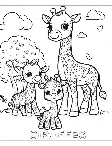 Çocuklar için boyama sayfası şirin zürafa ailesi, iki gülümseyen bebekli ebeveyn, iz sürmek ve öğrenmek için ana hatlar + başlık