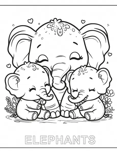 Şirin filler ve yavruları. Küçük el eğitimi ve hayvan ve harflerin öğrenilmesi için özet harflerle renklendirme sayfası