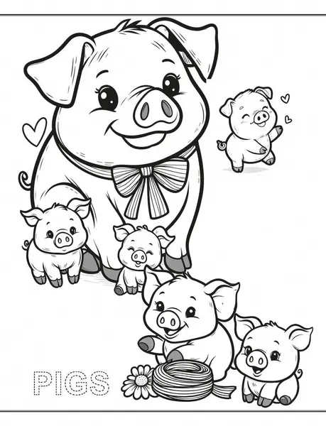 Güzel motor becerileri eğitimi için şirin çocuk boyama sayfası olan sevimli domuz annesi, ayrıca iz sürme ve boyama için harfler de içeriyor.