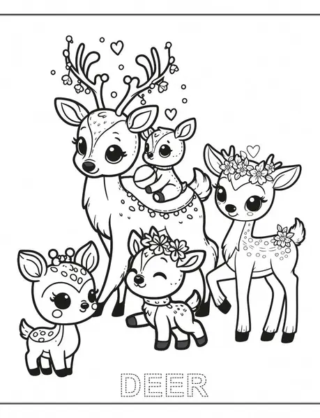 Geyik anasının tatlı yavruları, ana başlıklı çocuk boyama sayfası.