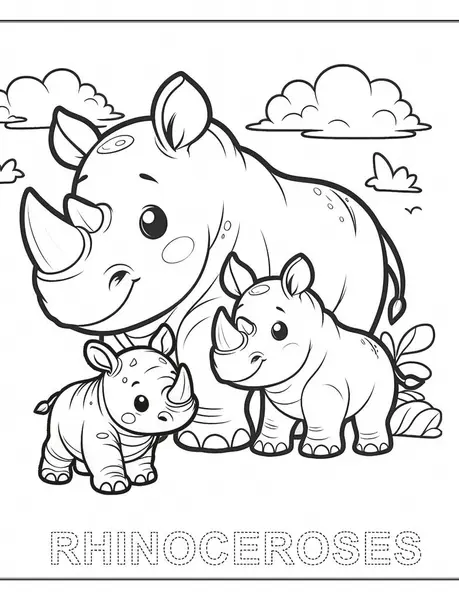 Güzel motor becerileri geliştirmek için anne buzağıları ile eğlenceli gergedanlar çocuk boyama sayfası, özet harfler içerir