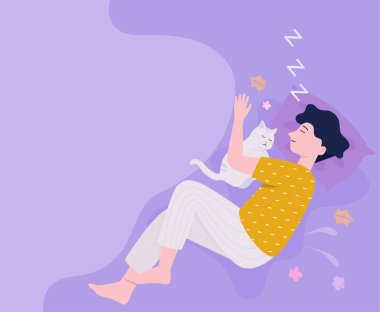 A boy is cozy sleep and his cat sleeping beside, healthy sleep concept, flat vector illustration.