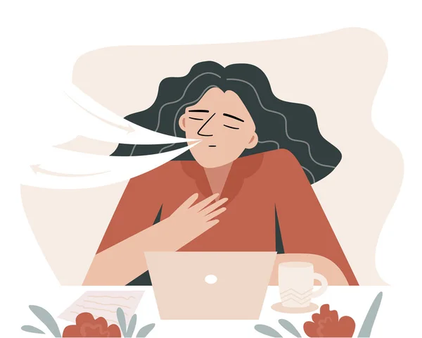 女性はノートパソコンを持って机の上に座り 呼吸法でストレスや不安を管理します 平面ベクトル図 — ストックベクタ