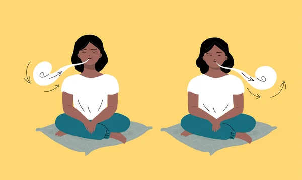 Woman Doing Meditation Home Breathing Exercise Self Love Concept Flat — Vector de stock
