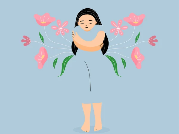 Girl Standing Hugging Her Self Peace Mind Calm Flower Background — Vetor de Stock