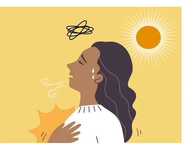 Woman Standing Sun Light Hot Weather Having Headache Breathless Dizzy — Vettoriale Stock