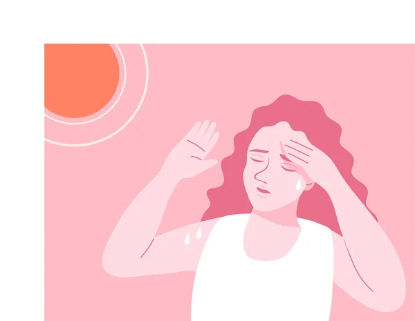 Woman Heatstroke Having Sunstroke Girl Holds Hand Head Sweating Flat —  Vetores de Stock