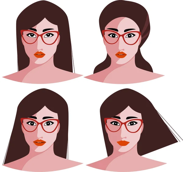Face of womans, they wear a red cateye glasses with different emotion, flat vector illustration.