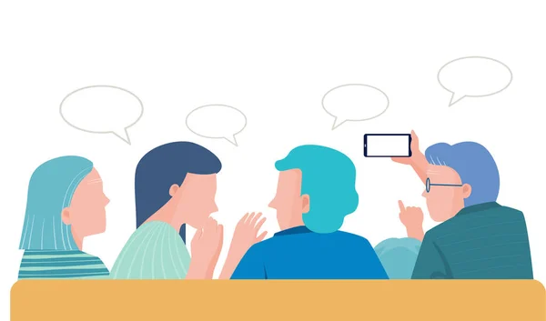 Big family talking on sofa at home, social network concept. flat vector illustration.