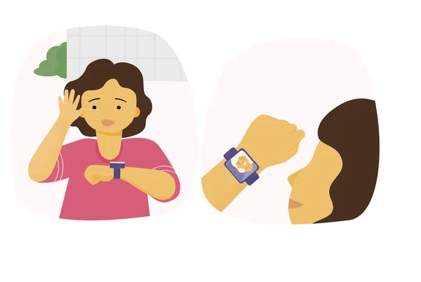A girl talking with her mom through the smart watch and mobile app. Illustration flat vector.