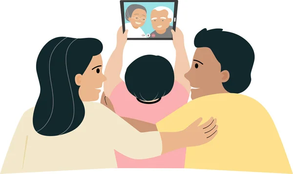 タブレットを使用してビデオ通信 家庭でオンラインで話す家族 オンライン通信の概念 平面ベクトル図 — ストックベクタ