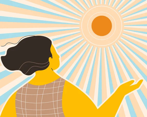 太陽の光 健康的なライフスタイルの概念からより多くのビタミンDを取得するための太陽の下で日焼けした肌の女性 平面ベクトル図 — ストックベクタ