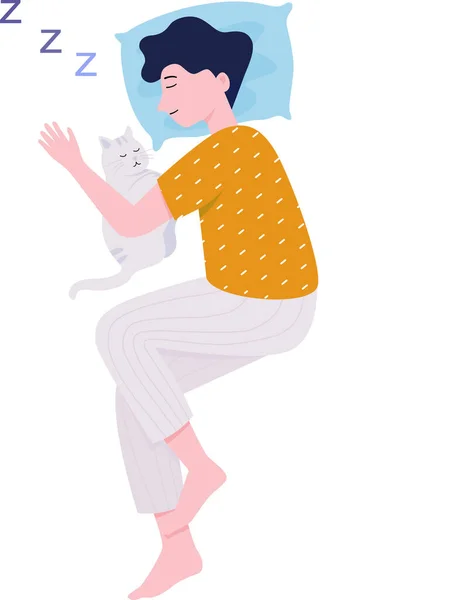 Boy Cozy Sleep His Cat Sleeping Healthy Sleep Concept Flat — Stockvector