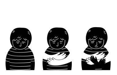 Lonely child with hand huging, flat vector illustration.