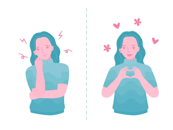 Two Emotionally Woman Portraits Sad Happy Woman Flat Vector Illustration — Image vectorielle