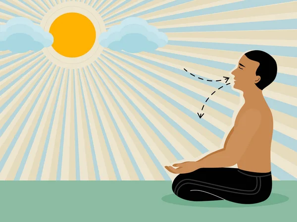 Man Meditating Breathing Exercise Sun Light Vector Illustration Flat Style — Vettoriale Stock