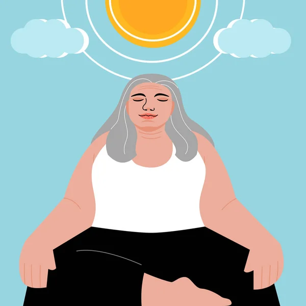 Elder Woman Doing Yoga Exercise Meditating Flat Vector Illustration — Vettoriale Stock