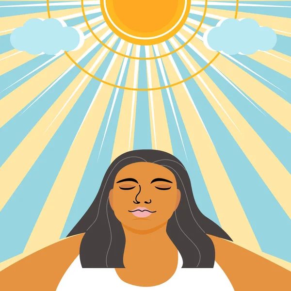Tan Woman Sunlight Get More Vitamin Sun Healthy Living Concept — Stock Vector