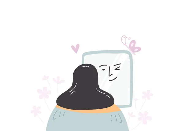 Woman Doing Positive Self Talk Front Mirror Mental Health Concept — Stockvektor