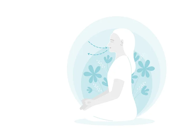 Женщина Медитирует Дышит Упражнения Йоги Управления Тревогой Векторная Иллюстрация Плоском — стоковый вектор