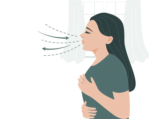 Relaxed Woman Breathing Exercise Home Flat Vector Illustration — Vettoriale Stock