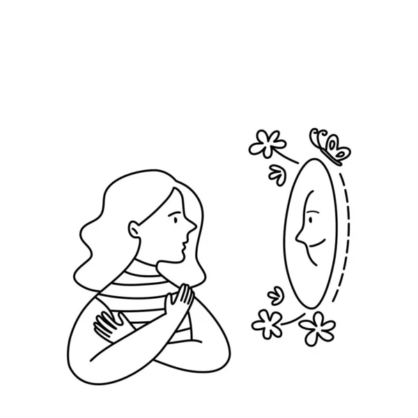 Isolated of a woman doing positive self talk in front of mirror, black outline cartoon.