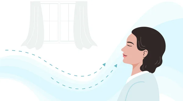 笑顔の女性の自宅で新鮮な空気を呼吸側のビュー 平面ベクトル図 — ストックベクタ