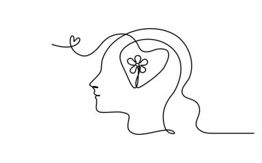 Continuous line art of a person with a flower inside human head and heart symbol, lineart vector illustration.