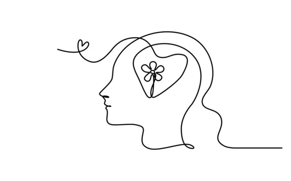 Continuous line art of a person with a flower inside human head and heart symbol, lineart vector illustration.