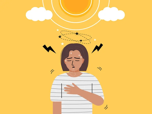 Woman Standing Sun Light Hot Weather Having Headache Breathless Dizzy —  Vetores de Stock