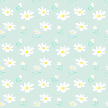 Seamless pattern of daisies on pastel green in flat style.