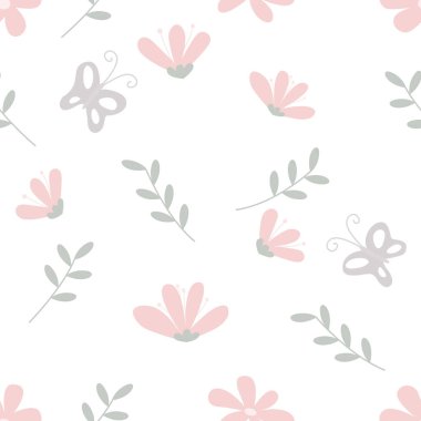Pembe çiçekli kusursuz desen ve beyaz arka planda kelebekler..