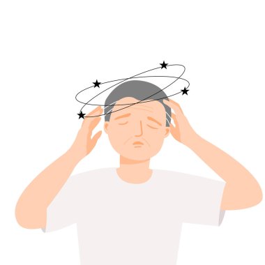 Düz vektör illüstrasyonunda başı dönen adamdan izole edilmiş..