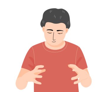 Düz vektör illüstrasyonunda elleri arasında boş alan tutan ve gülümseyen bir adam izole edilmiş..