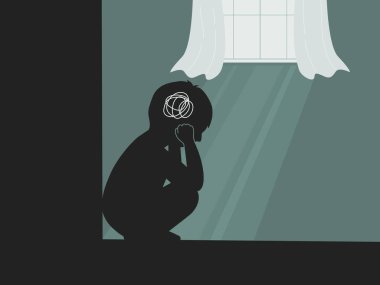 Bir oğlanın silueti evde yalnız başına stres ve hüzünlü duygulara kapılır, zihinsel sağlık çocuk kavramı. düz vektör illüstrasyonu.